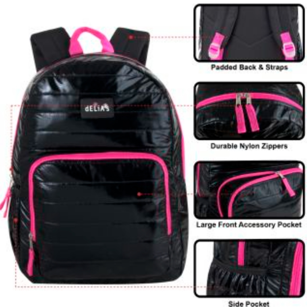 Last one! NEW Delia*s | black puffer patent nylon shiny hot pink backpack